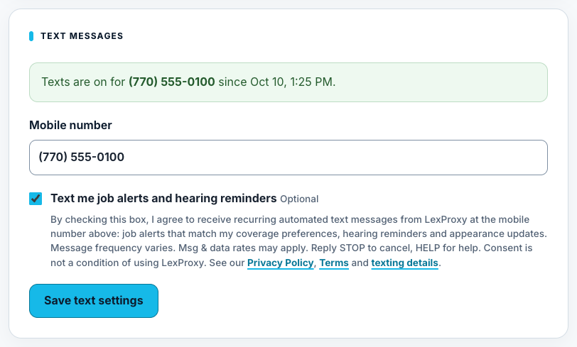 Settings after saving: Texts are on for the member's number, with the box checked