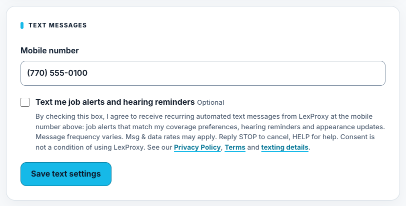 Settings › Text messages: mobile number, the unchecked texting box and its disclosure
