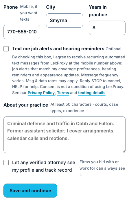Sign-up profile step: phone, the unchecked texting box and its disclosure